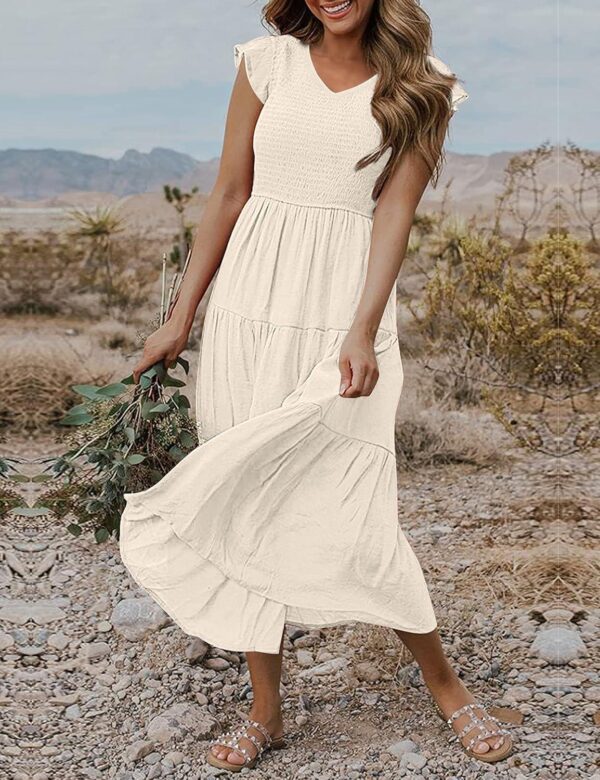MEROKEETY Women's Flutter Sleeve Smocked Midi Dress V Neck Casual Tiered Dresses with Pockets - Image 2