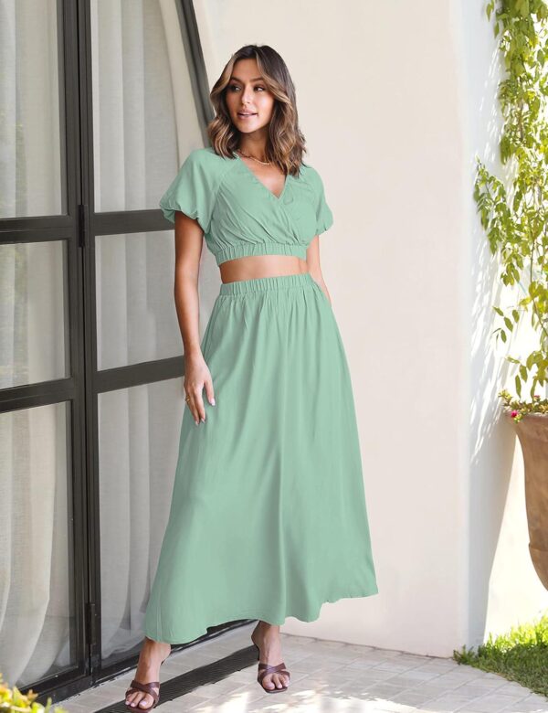 MEROKEETY Women's Summer Two Piece Outfits V Neck Puff Sleeve Crop Top and Flowy Maxi Skirt Set - Image 4