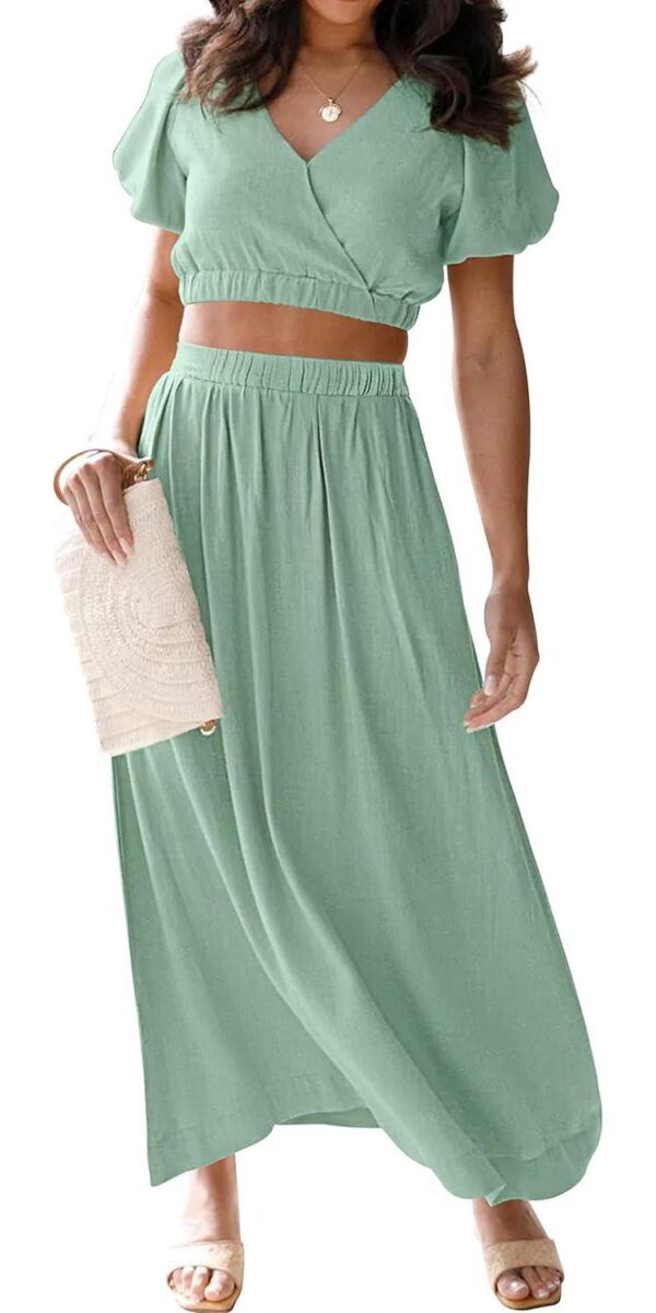 MEROKEETY Women's Summer Two Piece Outfits V Neck Puff Sleeve Crop Top and Flowy Maxi Skirt Set