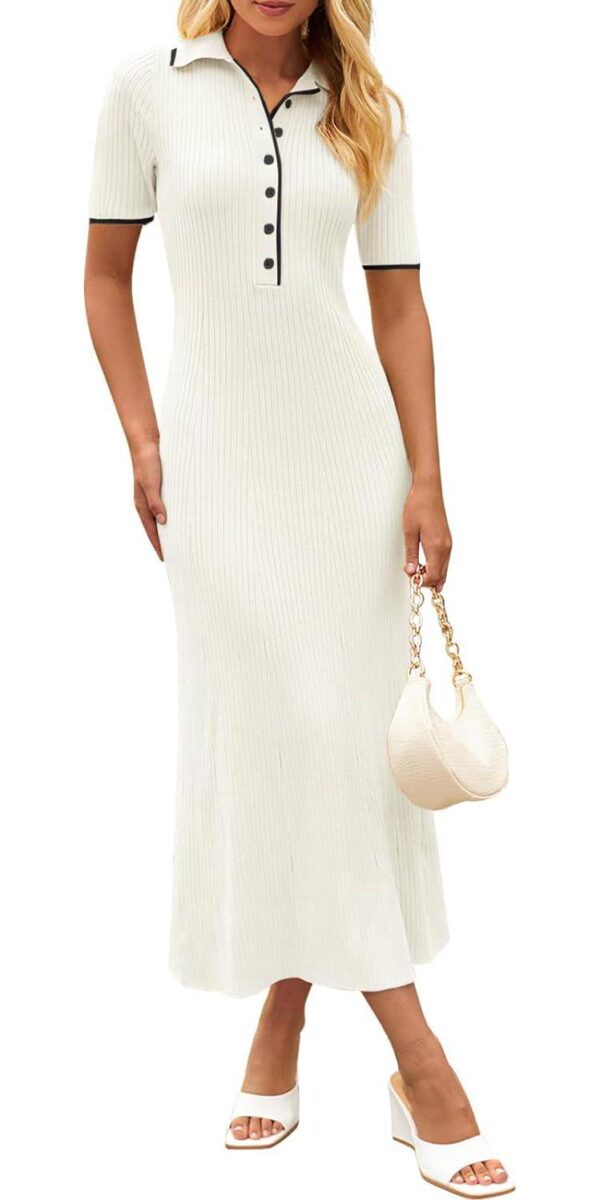MEROKEETY Women's V Neck Ribbed Knit Maxi Dress Button Short Sleeve Slim Fit Bodycon Sweater Dress
