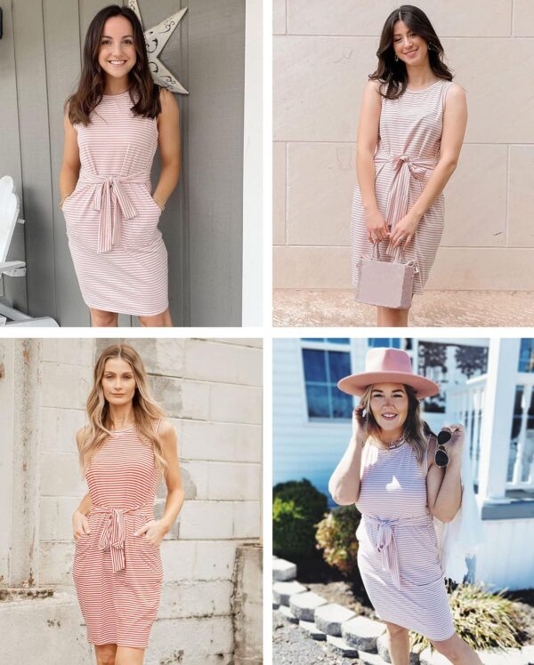 MEROKEETY Womens Summer Sleeveless Striped T Shirt Dress Casual Crew Neck Tie Waist Mini Dresses - Image 5
