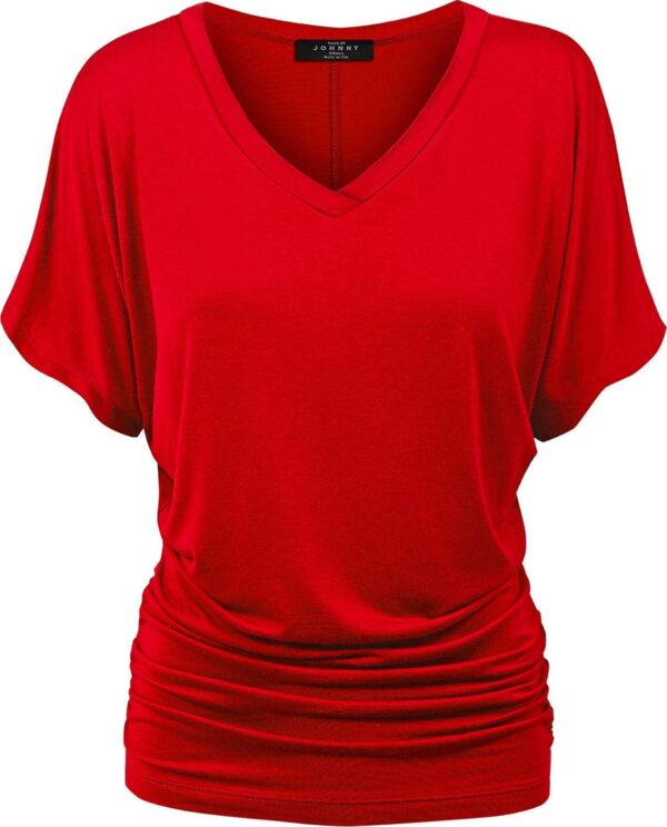 Made By Johnny Women's Solid Short Sleeve Boat Neck V Neck Dolman Top with Side Shirring-Made in U.S.A. - Image 2