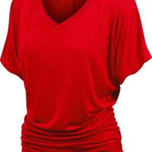 Made By Johnny Women's Solid Short Sleeve Boat Neck V Neck Dolman Top with Side Shirring-Made in U.S.A.