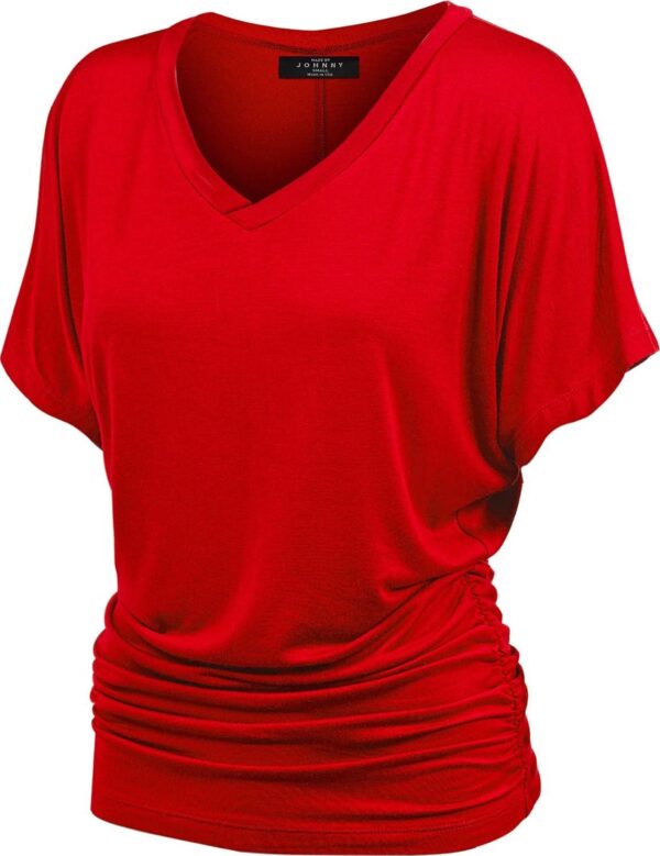 Made By Johnny Women's Solid Short Sleeve Boat Neck V Neck Dolman Top with Side Shirring-Made in U.S.A.