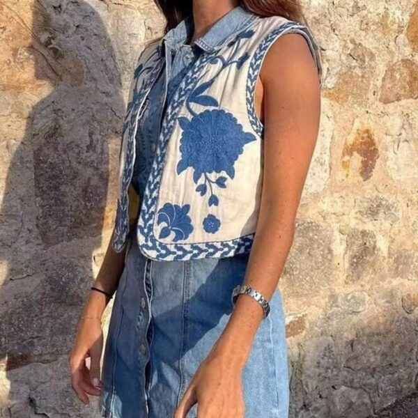 Meihuida Women Embroidered Vest Top Y2k Vintage Open Front Floral Boho Cropped Waistcoat - Image 3