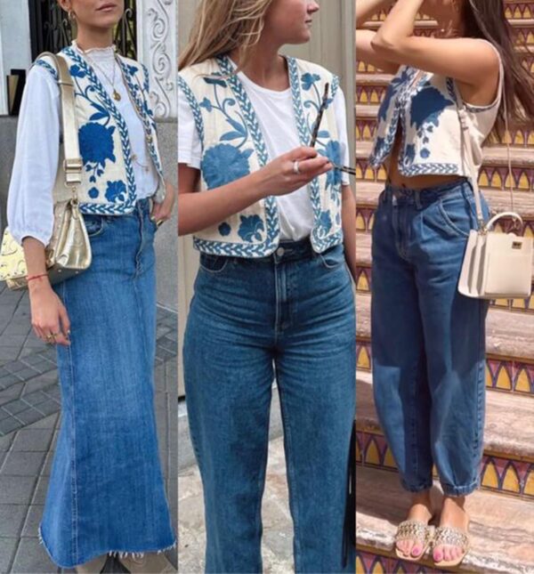 Meihuida Women Embroidered Vest Top Y2k Vintage Open Front Floral Boho Cropped Waistcoat - Image 2