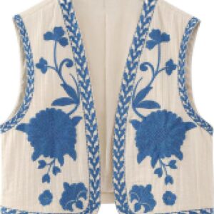 Meihuida Women Embroidered Vest Top Y2k Vintage Open Front Floral Boho Cropped Waistcoat