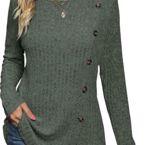 Micoson Women's Casual Crewneck Long Sleeve Tops Fashion Side Split Tunic Dressy Buttons Sweatshirts S-2XL