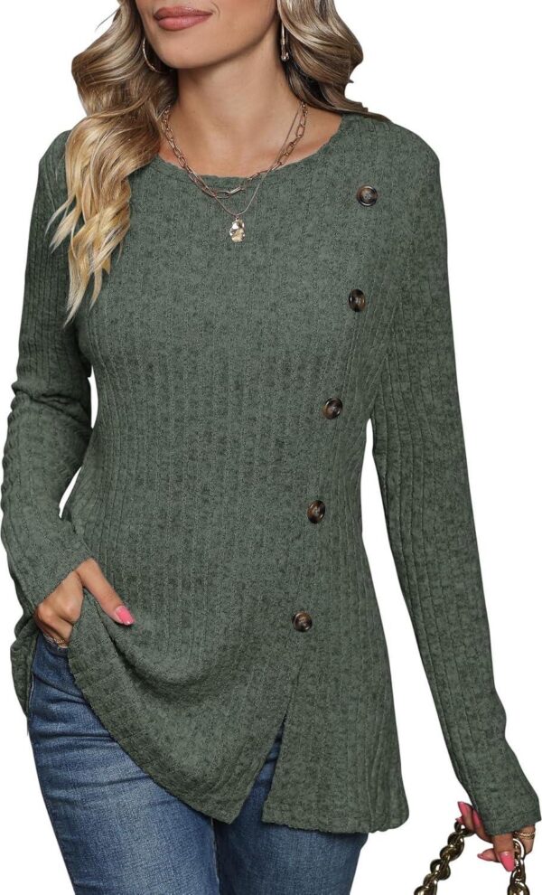 Micoson Women's Casual Crewneck Long Sleeve Tops Fashion Side Split Tunic Dressy Buttons Sweatshirts S-2XL