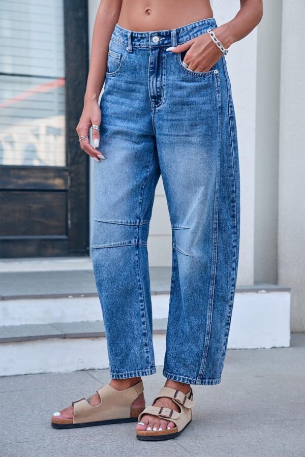 Mid Rise Barrel Jeans for Women Wide Leg Mid Waist Cropped Denim Pants Y2k Baggy Boyfriend Jeans with Pockets - Image 3