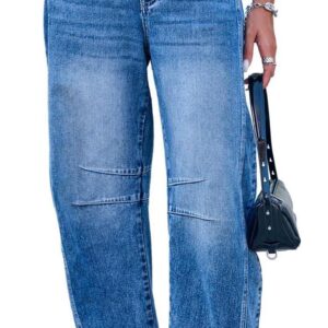 Mid Rise Barrel Jeans for Women Wide Leg Mid Waist Cropped Denim Pants Y2k Baggy Boyfriend Jeans with Pockets