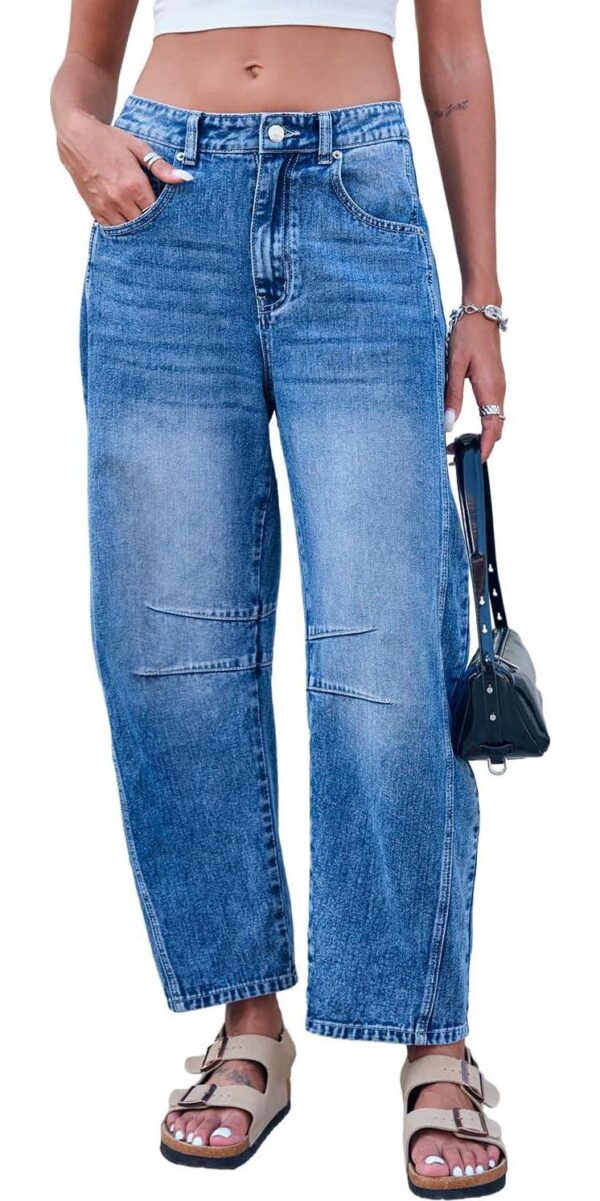 Mid Rise Barrel Jeans for Women Wide Leg Mid Waist Cropped Denim Pants Y2k Baggy Boyfriend Jeans with Pockets