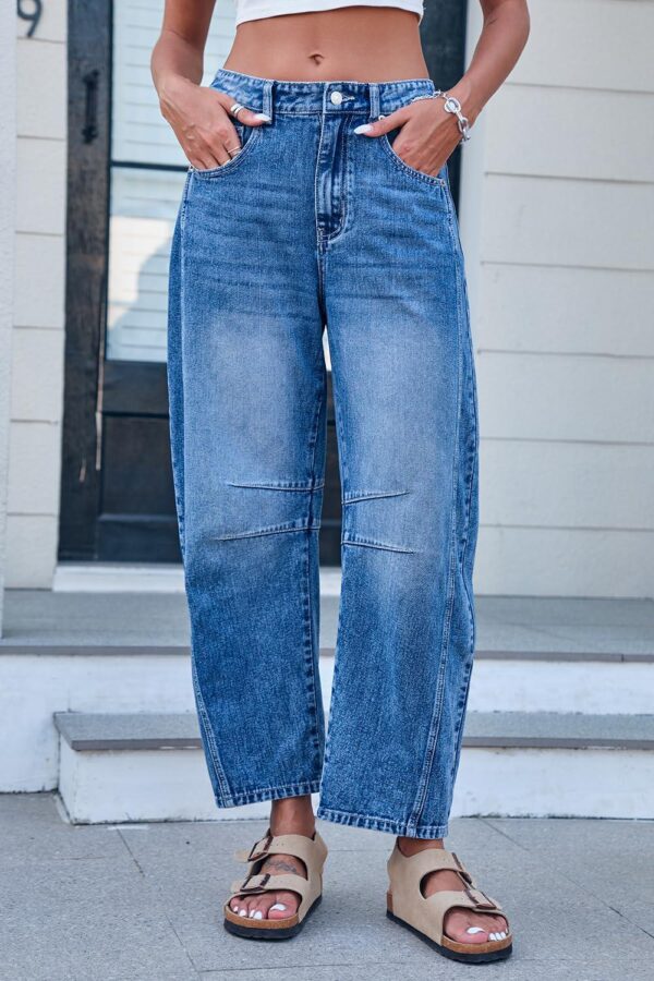 Mid Rise Barrel Jeans for Women Wide Leg Mid Waist Cropped Denim Pants Y2k Baggy Boyfriend Jeans with Pockets - Image 4