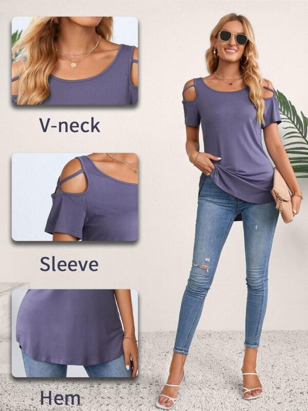 NILOUFO Womens Summer T Shirts Short Sleeve Tunic Strappy Cold Shoulder Tops - Image 5