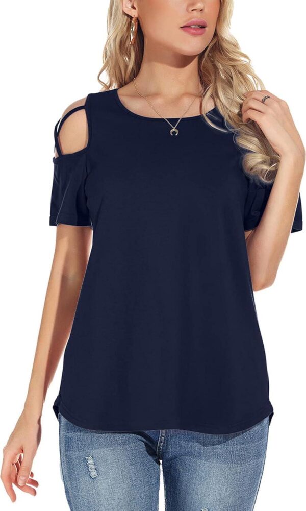 NILOUFO Womens Summer T Shirts Short Sleeve Tunic Strappy Cold Shoulder Tops - Image 2