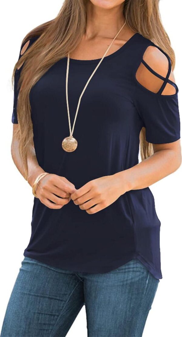 NILOUFO Womens Summer T Shirts Short Sleeve Tunic Strappy Cold Shoulder Tops