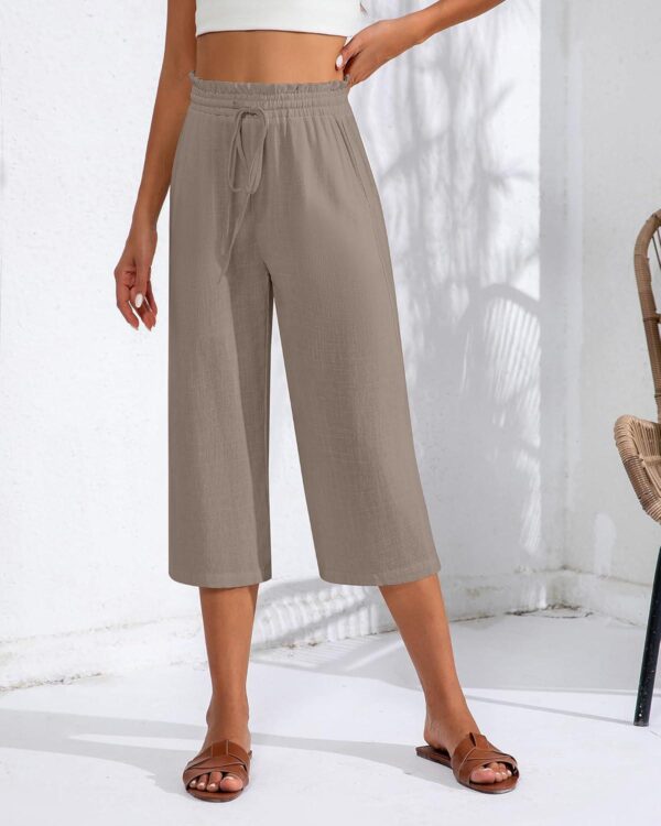 Neer 2 Pcs Women's Linen Wide Leg Capri Pants Beach High Waisted Drawstring Casual Loose Capris Pants with Pockets - Image 2