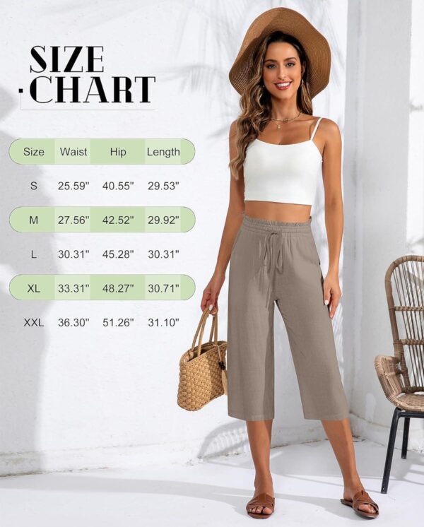 Neer 2 Pcs Women's Linen Wide Leg Capri Pants Beach High Waisted Drawstring Casual Loose Capris Pants with Pockets - Image 5