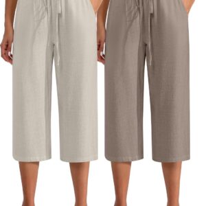 Neer 2 Pcs Women's Linen Wide Leg Capri Pants Beach High Waisted Drawstring Casual Loose Capris Pants with Pockets