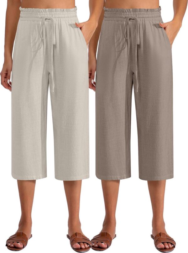 Neer 2 Pcs Women's Linen Wide Leg Capri Pants Beach High Waisted Drawstring Casual Loose Capris Pants with Pockets