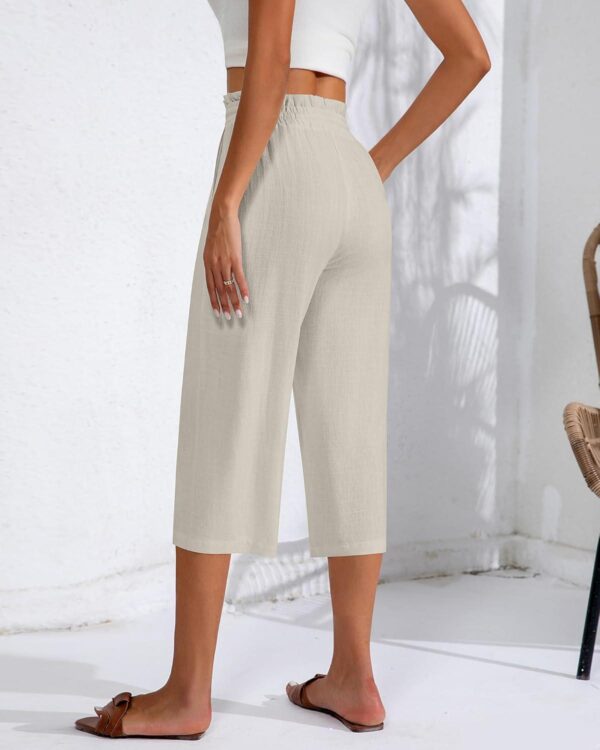 Neer 2 Pcs Women's Linen Wide Leg Capri Pants Beach High Waisted Drawstring Casual Loose Capris Pants with Pockets - Image 3