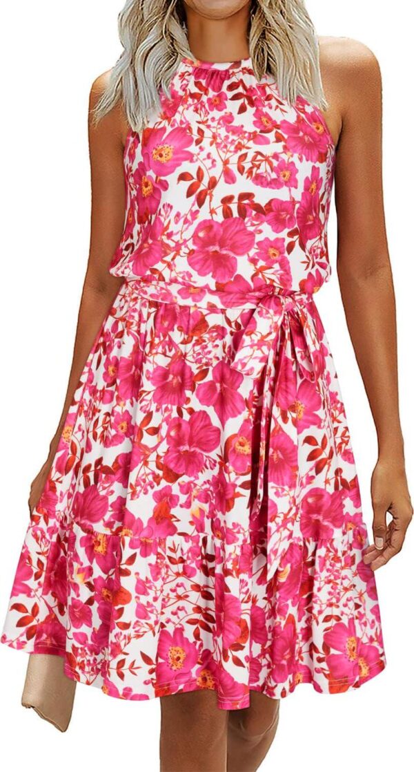 Newshows Women's 2024 Summer Dress Halter Casual Beach Vacation Outfits Hawaiian Dresses Ruffle Belted Sundress with Pockets