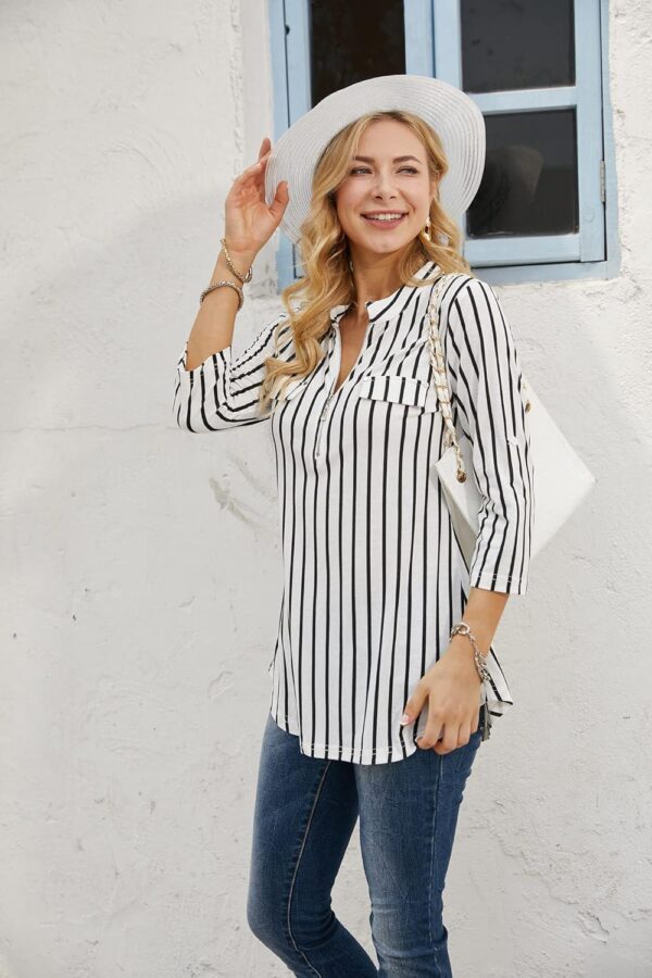 Ninedaily Women's 3/4 Sleeve Plaid Shirts Zip Floral Casual Tunic Blouse Tops - Image 3