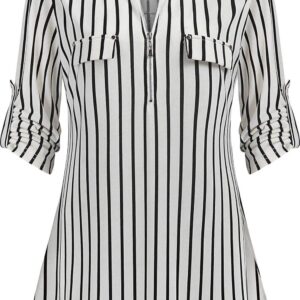 Ninedaily Women's 3/4 Sleeve Plaid Shirts Zip Floral Casual Tunic Blouse Tops