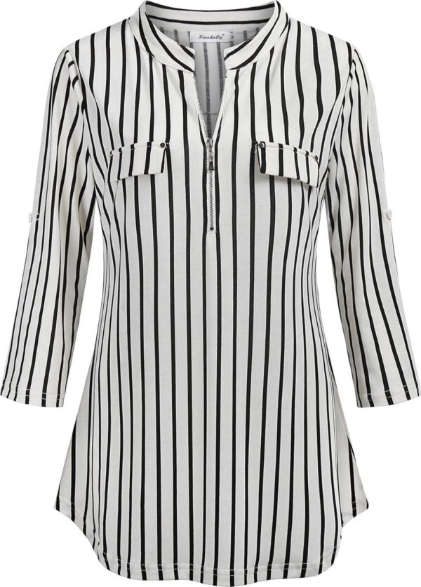 Ninedaily Women's 3/4 Sleeve Plaid Shirts Zip Floral Casual Tunic Blouse Tops - Image 2
