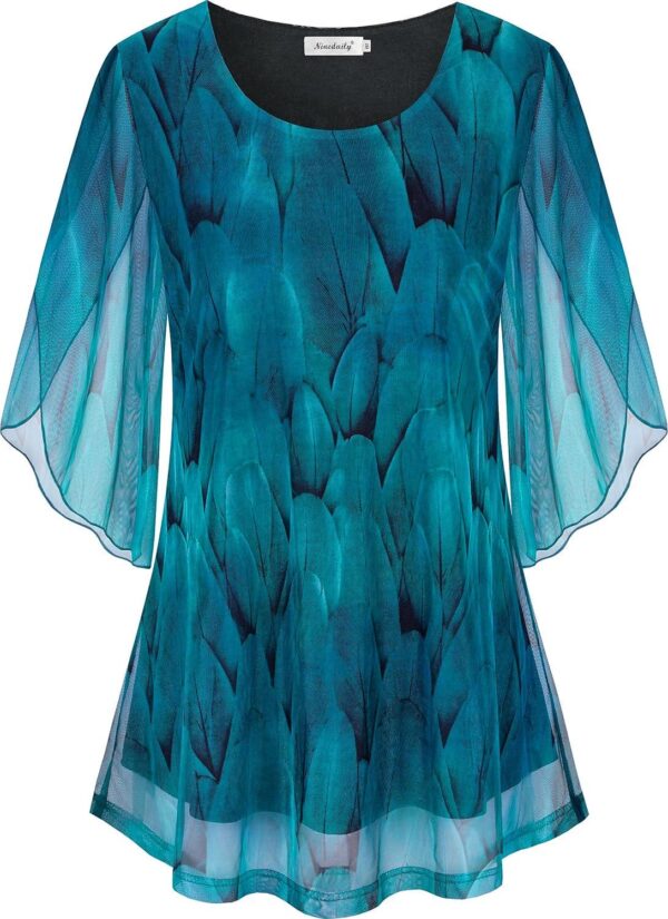 Ninedaily Women's Tops 3/4 Sleeve Blouses Dressy Casual Double Layers Mesh Tunic Shirts - Image 3