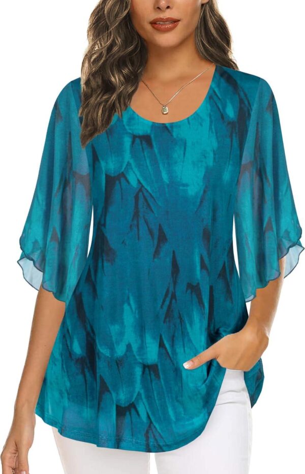 Ninedaily Women's Tops 3/4 Sleeve Blouses Dressy Casual Double Layers Mesh Tunic Shirts - Image 2