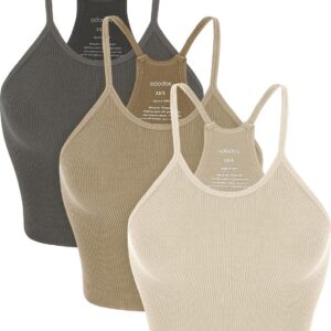 ODODOS Women's Crop 3-Pack Washed Seamless Rib-Knit Camisole Crop Tank Tops