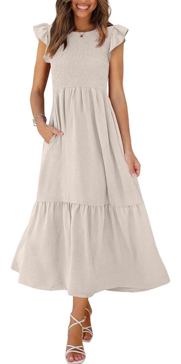 OFEEFAN Women's Casual Maxi Dresses with Pockets Ruffle Sleeve Smocked Dress XS-2XL