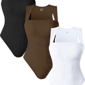 OQQ 3 Piece Bodysuits For Women Sexy Ribbed Strappy Square Neck Stretch Tank Tops Bodysuits