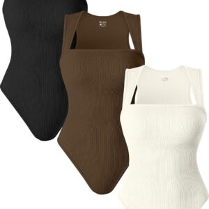 OQQ 3 Piece Bodysuits For Women Sexy Ribbed Strappy Square Neck Stretch Tank Tops Bodysuits