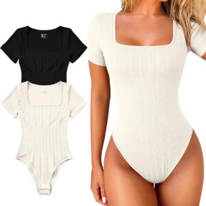 OQQ Women 2 Piece Bodysuits Short Sleeve Square Strech Basic Shirts Bodysuits