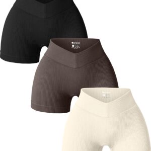 OQQ Women 3 Piece Yoga Shorts Ribbed V Shaped High Waist Workout Exercise Shorts Leggings