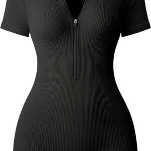OQQ Women Rompers Ribbed Short Sleeve Zip Front Stretch Tummy Control Yoga Workout Rompers