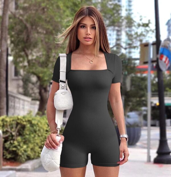 OQQ Women Short Sleeve Rompers Yoga Stretch Square Neck Exercise Rompers - Image 4