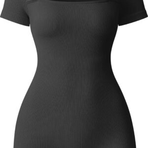 OQQ Women Short Sleeve Rompers Yoga Stretch Square Neck Exercise Rompers