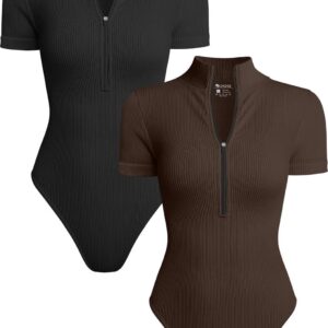 OQQ Women's 2 Piece Bodysuits Sexy Ribbed One Piece Short Sleeve Zip Front Bodysuits