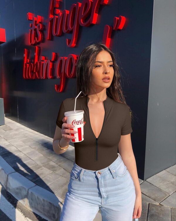 OQQ Women's 2 Piece Bodysuits Sexy Ribbed One Piece Short Sleeve Zip Front Bodysuits - Image 6
