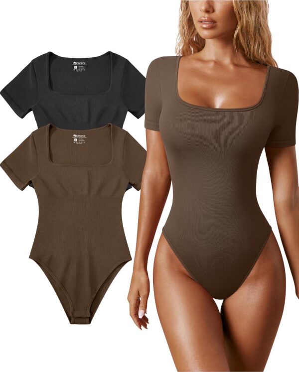 OQQ Women's 2 Piece Bodysuits Sexy Ribbed One Piece Square Neck Short Sleeve Bodysuits