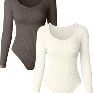OQQ Women's 2 Piece Bodysuits Sexy Ribbed Long Sleeve Tops Bodysuits