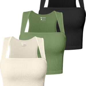 OQQ Women's 3 Piece Tank Tops Strappy Sleeveless Square Neck Stretch Tee Shirts Crop Camis
