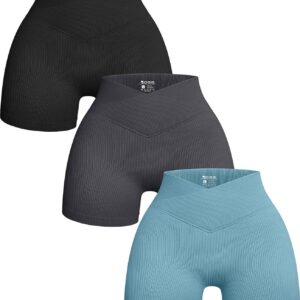 OQQ Women's 3 Piece Yoga Shorts Ribbed Seamless Workout High Waist Cross Over Athletic Leggings