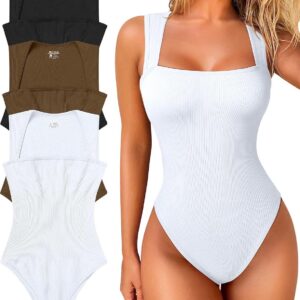 OQQ Women's 3 Piece Bodysuits Sexy Ribbed Strappy Square Neck Sleeveless Tummy Control Tank Tops Bodysuits
