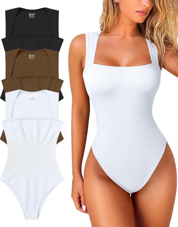 OQQ Women's 3 Piece Bodysuits Sexy Ribbed Strappy Square Neck Sleeveless Tummy Control Tank Tops Bodysuits