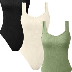 OQQ Women's 3 Piece Bodysuits Sexy V Neck Sleeveless Stretch Tank Tops Bodysuits