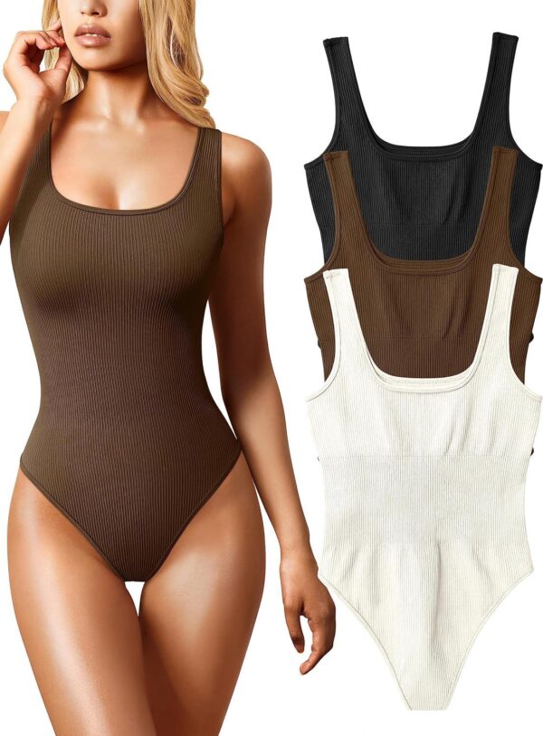OQQ Women's 3 Piece Bodysuits Sexy Ribbed Sleeveless Square Neck Sleeveless Tank Tops Bodysuits